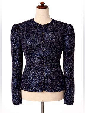 80s Scott McClintock glittery blue on velvet jacket. button, puff sleeves- 8
